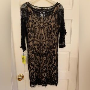 New! Black/Nude Catherine Malandrino Long Sleeve Embroidery Print Dress Size S